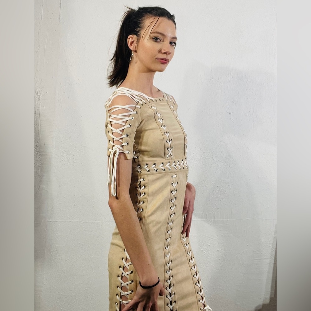 Cream & White Cocktail Dress, Vegas party dress, Lace up sleeves